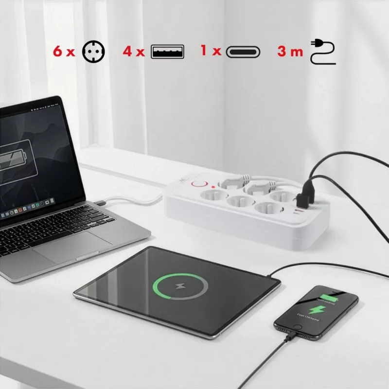 Régua de tomadas MACLEAN MCE391 W — 6 tomadas, 4×USB-A + 1×USB-C, cabo de 3 m, 110–240 V, 2500 W, branco