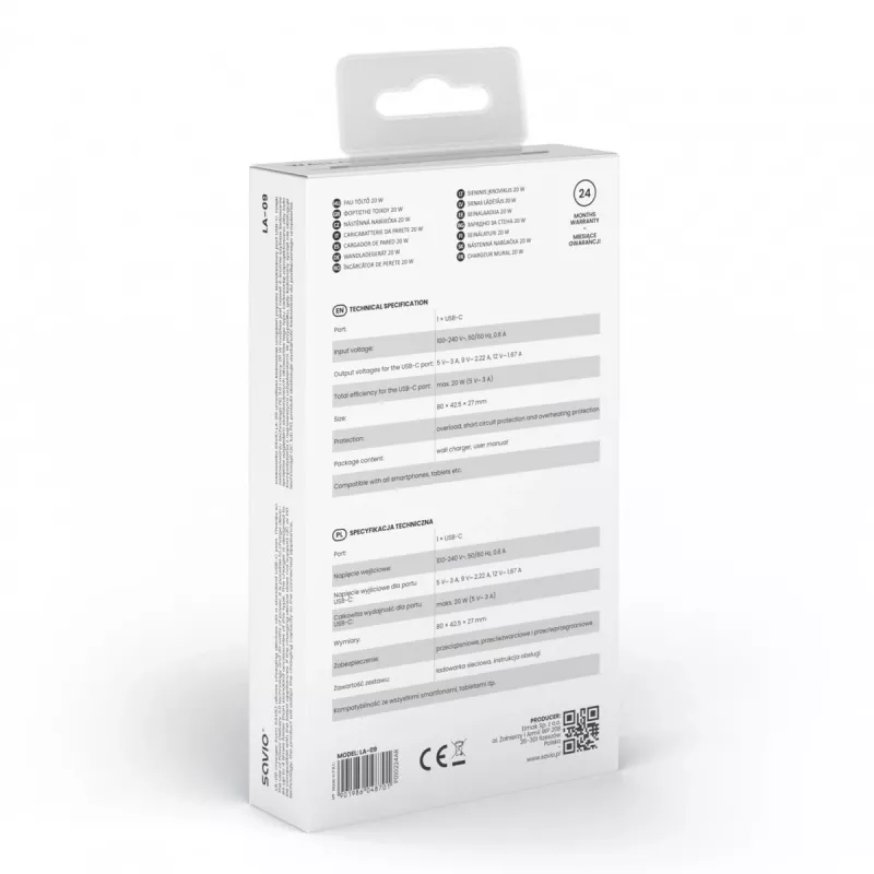 Carregador de parede 20W LA-09 USB-C QC, PD 3.0 Savio SAVLA-09