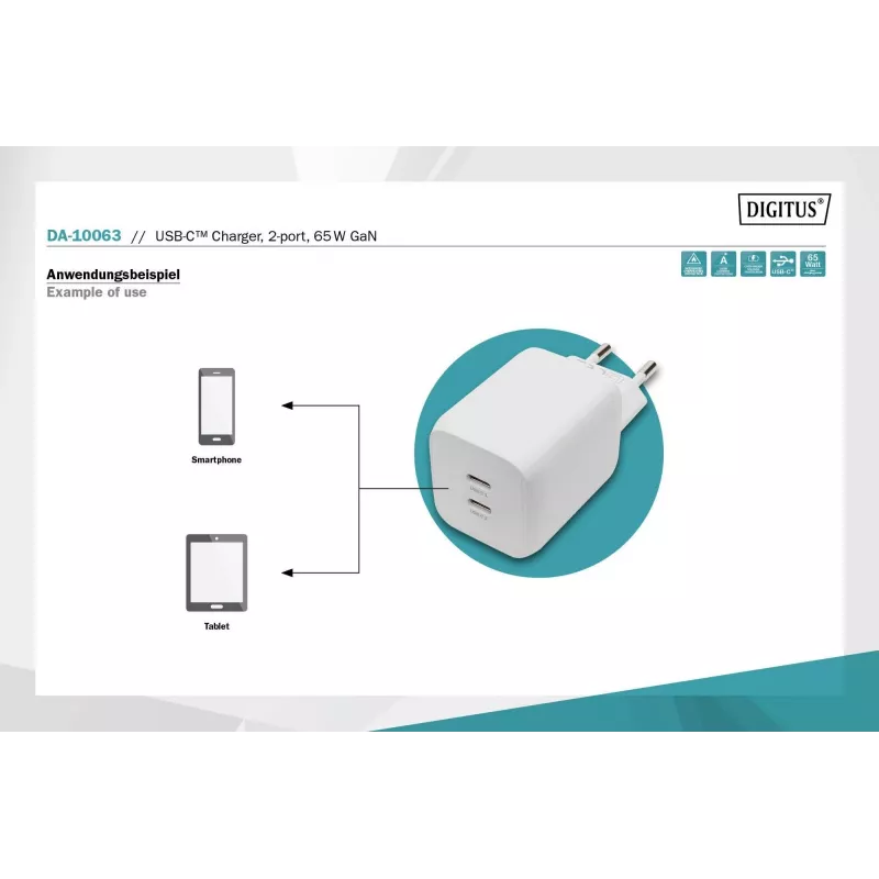 Carregador Digitus USB-C. 2 portas. 65W GaN