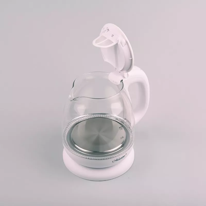 Chaleira elétrica Maestro MR-055 branca — 1 L, 1100 W, corpo em vidro, retroiluminação, indicador de nível de água