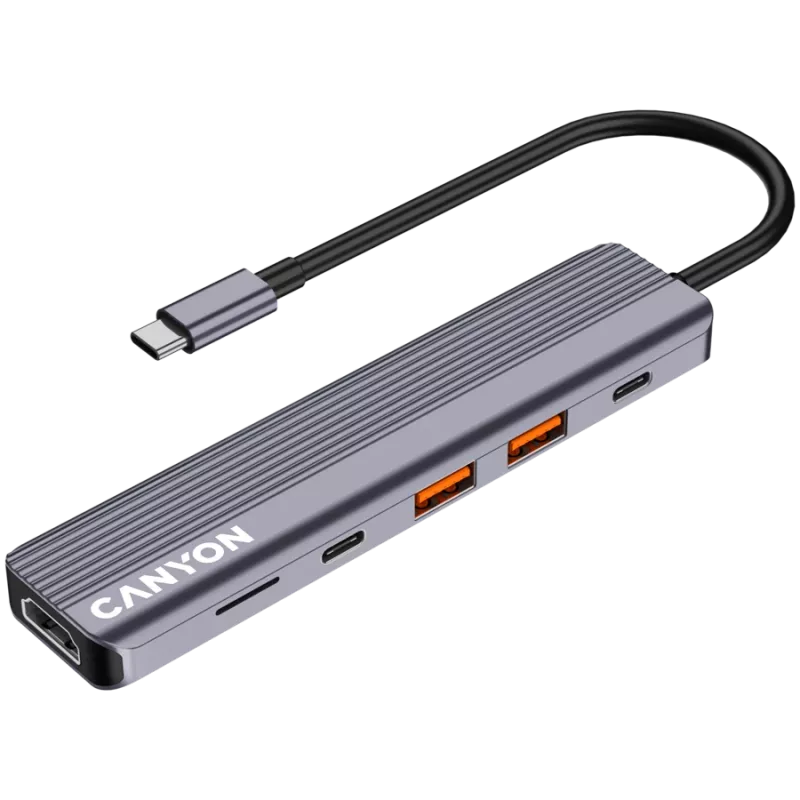 Hub USB Type-C CANYON DS-17 — HDMI, USB 3.2 Gen 1 A, USB-C, MicroSD, 10000 Mbit/s, cinzento