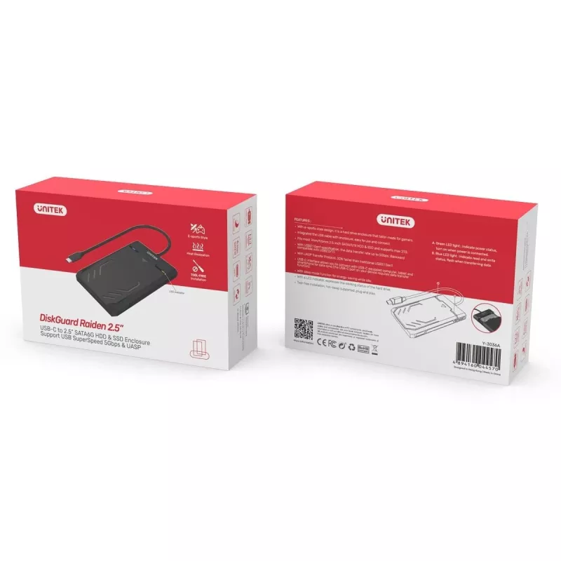Unitek Y-3036A - Caixa para disco rígido DiskGuard Raiden 2.5 USB-C para SATA III 2,5