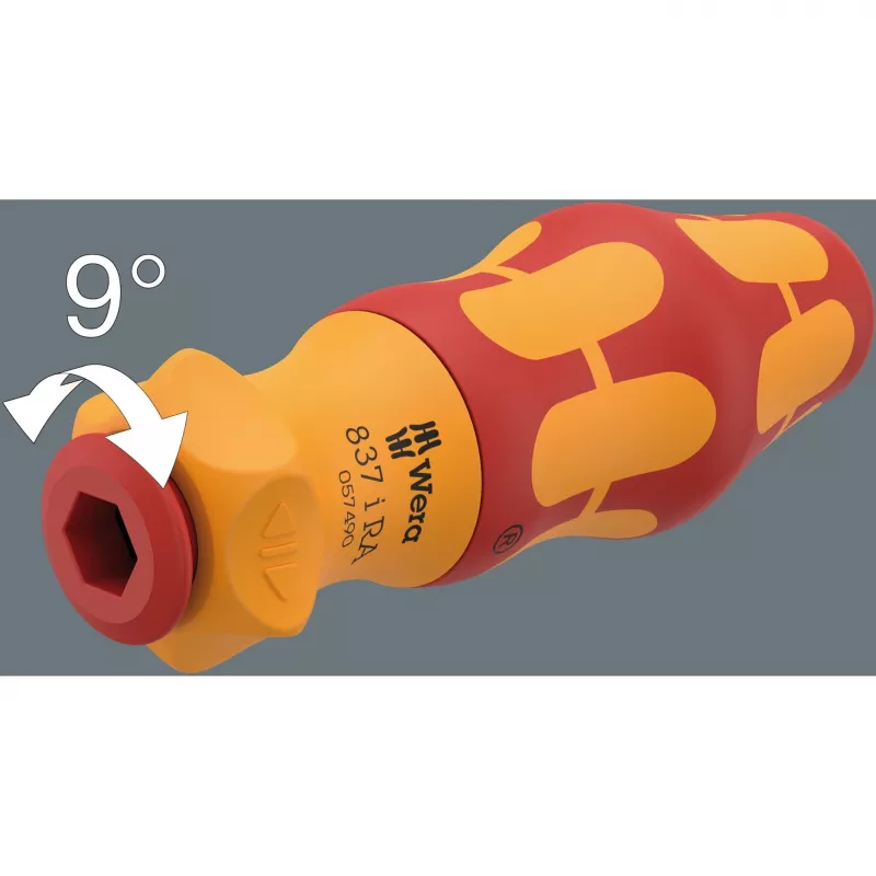 837 i RA Kraftform Kompakt VDE Punho com função de catraca, chave de fendas vermelho/amarelo, para lâminas intercambiáveis VDE Wera