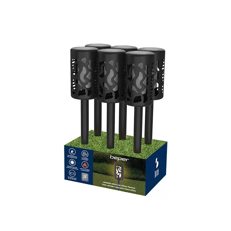 Beper P207ILO101 candeeiro solar de jardim com estaca, 12 LED efeito chama, IP44, preto