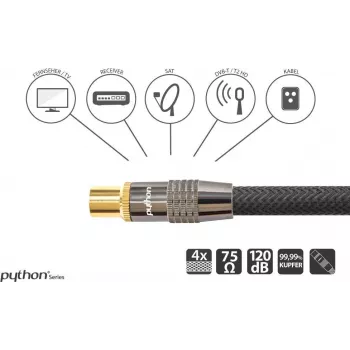 Cabo de antena SAT, ficha IEC/coaxial macho para fêmea banhado a ouro, blindagem 120 dB, 75 Ohm, trança de nylon preta, 1 m, Série PYTHON® (GC-M2011)