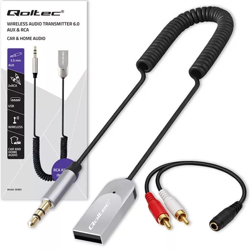 Adaptador recetor de áudio sem fios QOLTEC HiFi BT6.0 2xRC – recetor de áudio Bluetooth para altifalantes e autorrádio