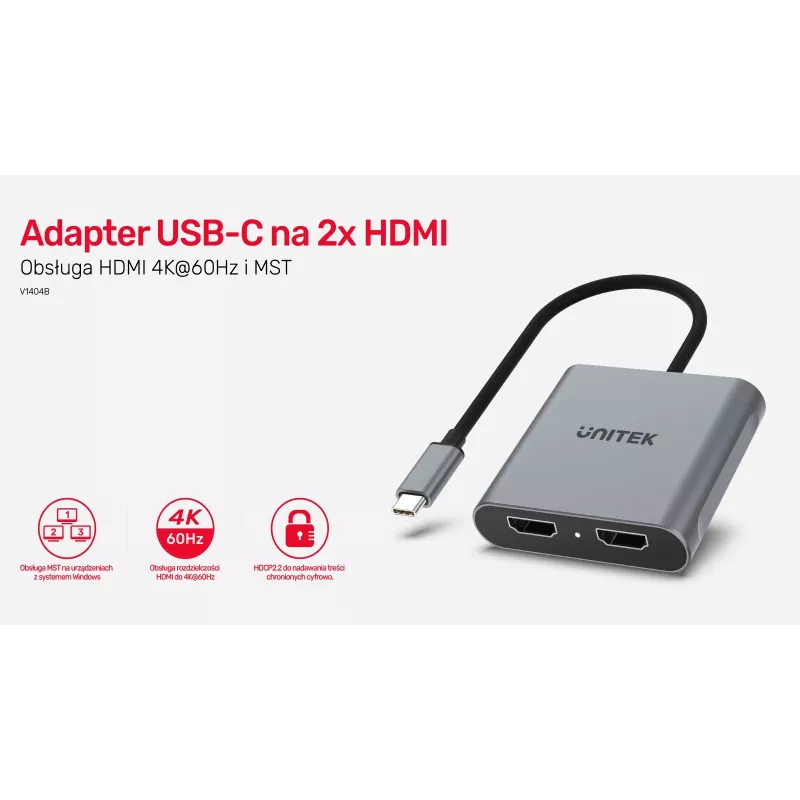 Adaptador UNITEK USB-C, 2x HDMI, 4K@60HZ, MST, V1404B (V1404B)