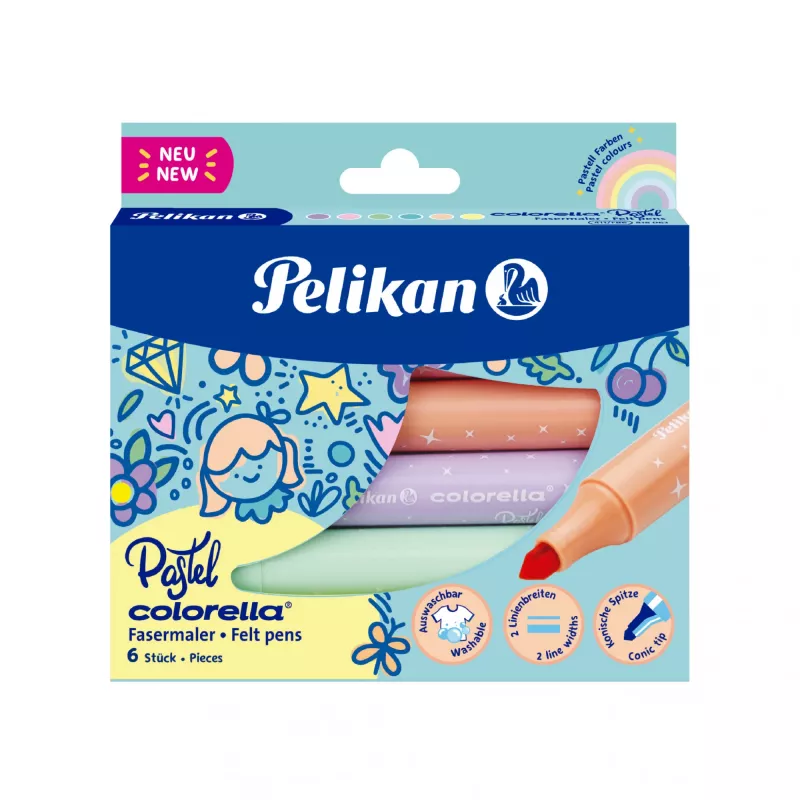 Pelikan Colorella pastel, 6 cores, multicolor, pastel, ponta redonda, 1 mm, 3 mm, multicolor