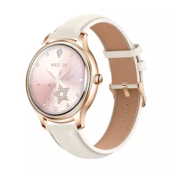 Smartwatch Colmi L28 com caixa dourada e bracelete de couro dourada