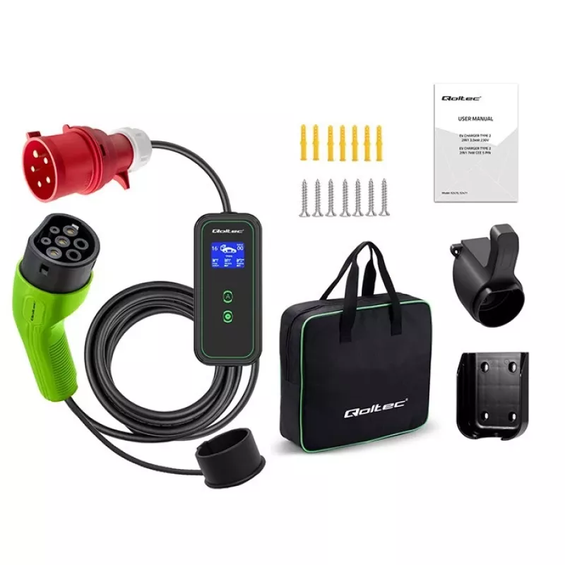 Carregador móvel para carro elétrico Qoltec ajustável 2em1 Type2 | 7kW | 230V | CEE 3 PIN | Wi-Fi | LCD | portátil | wallbox | 5m