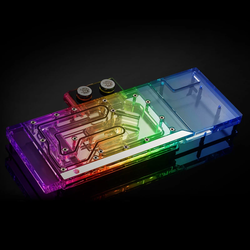 Bloco de água e backplate para GPUs BitsPower BP-VG3090EVXC3 — acrílico, cobre, aço cromado niquelado, 125,4 × 263,7 × 25 mm