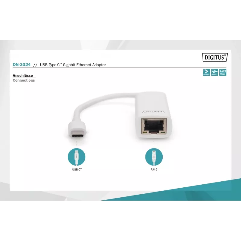 Adaptador Digitus DN-3024 USB 3.0 20 cm 1x USB-C para 1x RJ45 blindado