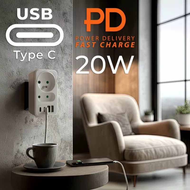 Power Splitter MACLEAN MCE249 F/W – 2 tomadas de rede (16A + 6A) e 4x USB (2x A, 2x C PD 20W)