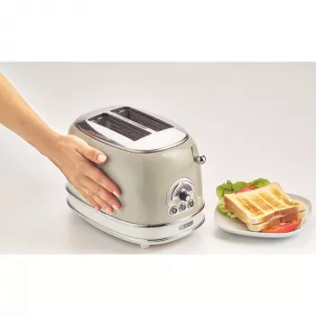 Torradeira Ariete 155 Design de 2 fatias com cestos para sanduíches, 6 níveis de tostagem, 810 W, caixa em aço inoxidável, gaveta de migalhas removível, bege pastel