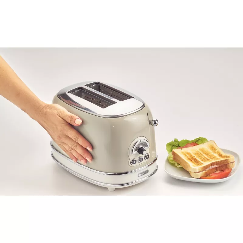 Torradeira Ariete 155 Design de 2 fatias com cestos para sanduíches, 6 níveis de tostagem, 810 W, caixa em aço inoxidável, gaveta de migalhas removível, bege pastel