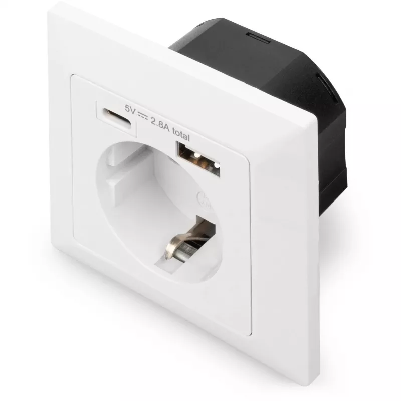 DIGITUS DA-70615 - tomada elétrica - 2P+E - tipo F, USB, USB Type-C - com obturador - 1 tomada, 2 portas USB - 2,8 A - branco, RAL 9003