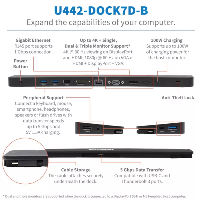 Eaton Tripp Lite U442-DOCK7D-B estação de ancoragem USB-C para três monitores, USB-C 3,1 / Thunderbolt 3, 4K HDMI e DisplayPort, VGA, USB-A/C, GbE, 100 W PD, preta