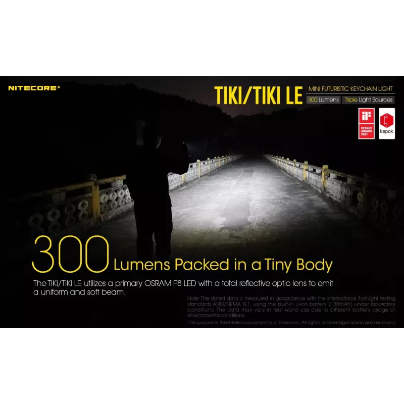 Lanterna de mão Nitecore TIKI LE — 300 lm, recarregável por USB, policarbonato, IP66, resistente a impactos, 10,5 g, 55 mm, preta