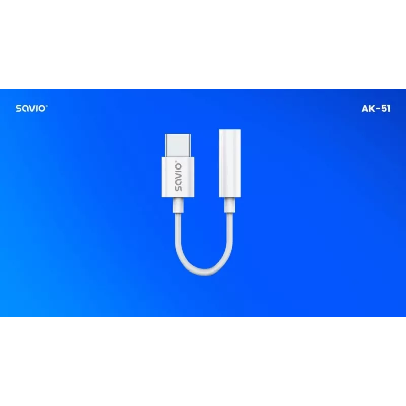 Adaptador de áudio USB Type 3.1 C (M) – Jack 3,5mm (F) branco SAVIO AK-51