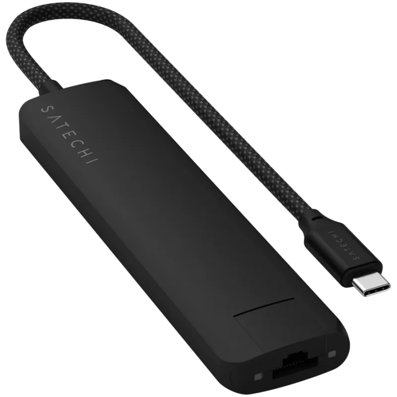 Adaptador multiportas USB-C Slim 7 em 1 Satechi Ethernet (USB-C PD, 2x USB-A, HDMI 4K, Ethernet, leitor de cartões micro/SD) (preto)