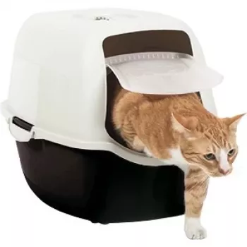 Caixa de areia para gatos com tampa Rotho Bailey preto branco 560×400×390 mm, filtro de carvão, pega, porta basculante