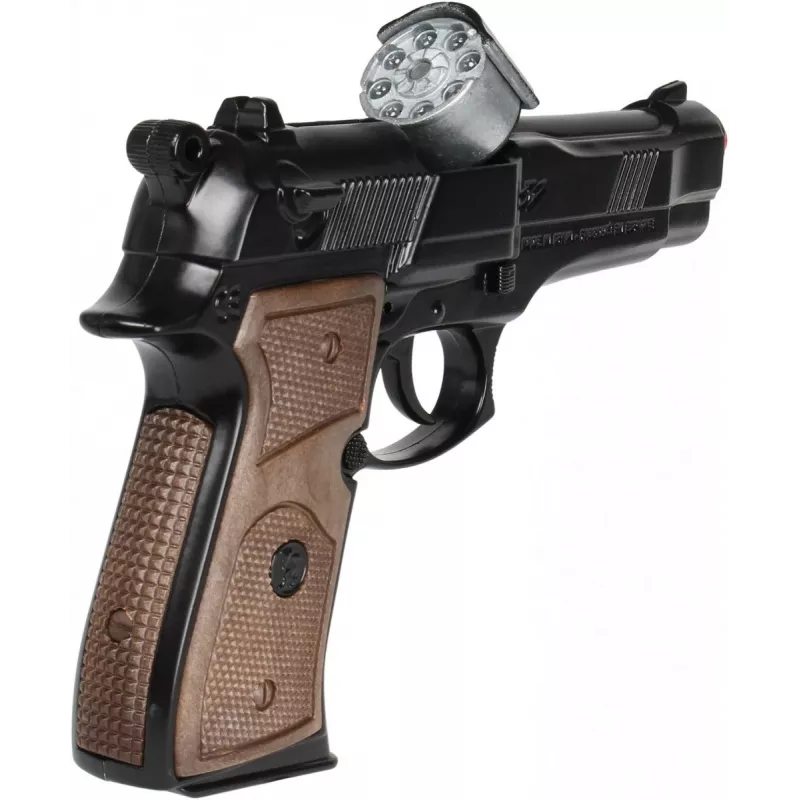 Pistola de polícia de brincar em metal Pulio modelo 15539/6 — construção em metal, acessório de brinquedo