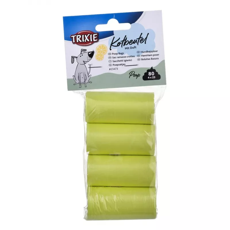 Sacos de dejetos Trixie Lemon Scented M — 20 unid. por rolo, 4 rolos (80 sacos), plástico amarelo