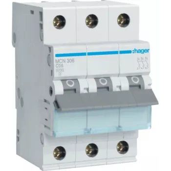 Hager MCN306. Corrente nominal: 6 A. Tipo: característica C, número de módulos (máx.): 3 módulos. Largura: 52,5 mm, profundidade: 70 mm, altura: 83 mm (MCN306)