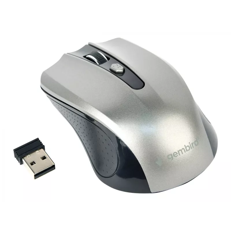 Rato sem fios GEMBIRD MUSW-4B-04-BG — para destros, ótico 1600 DPI, 4 botões, RF Wireless, preto/cinzento