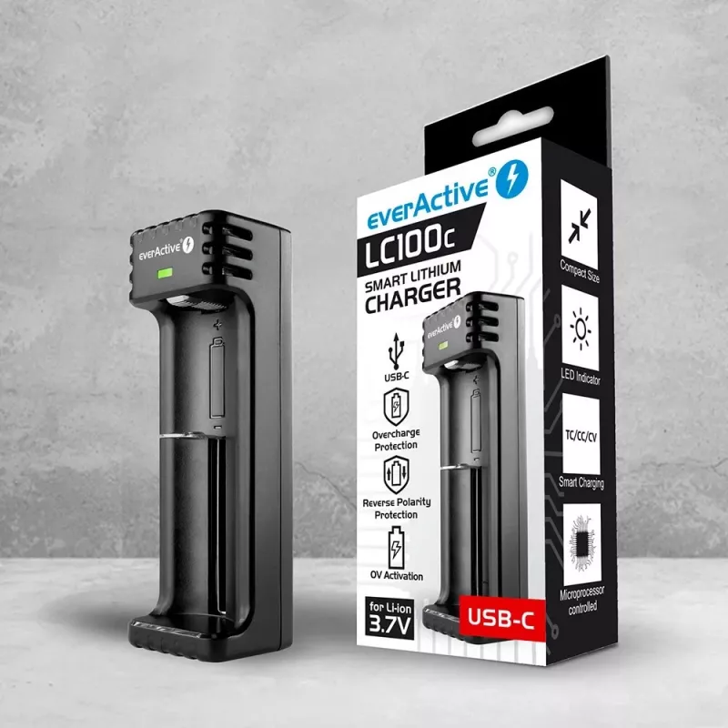Carregador everActive LC100C USB‑C para células de iões de lítio, entrada USB‑C, modelo LC100C