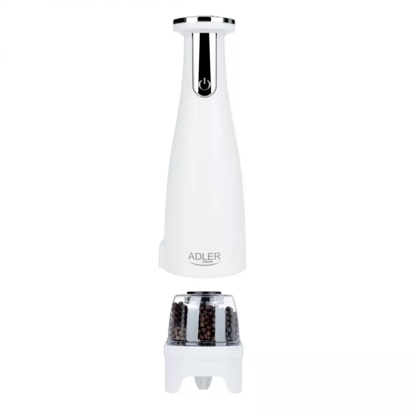 Conjunto de saleiro e pimenteiro Adler AD 4449W aço branco, moinho cerâmico, 150 ml, recarregável USB-C