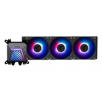 Refrigeração líquida all-in-one MSI MAG Coreliquid A15 360 — 3 ventoinhas de 120 mm, radiador 394 x 120 x 27 mm, bomba 5V, RGB, compatível com LGA 1851