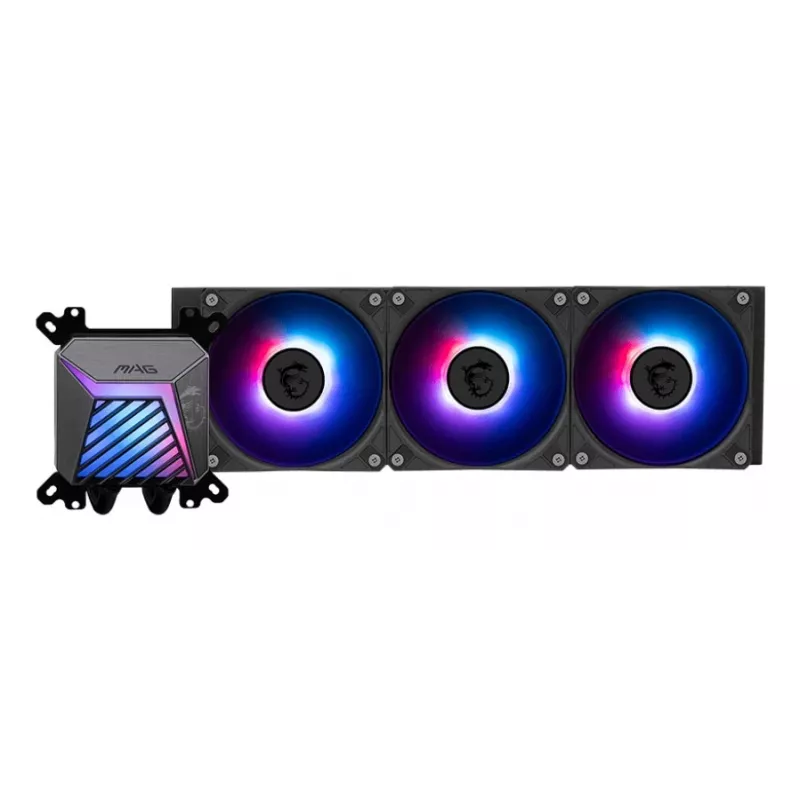Refrigeração líquida all-in-one MSI MAG Coreliquid A15 360 — 3 ventoinhas de 120 mm, radiador 394 x 120 x 27 mm, bomba 5V, RGB, compatível com LGA 1851