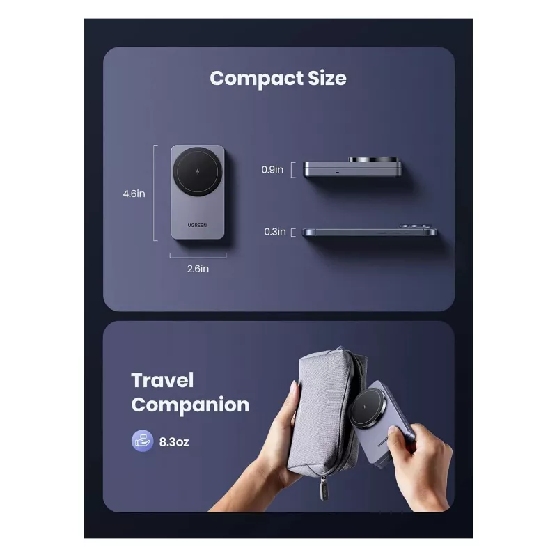 Carregador CA sem fios para interior UGREEN para auscultadores e smartphones W528, cinzento, proteção contra curto-circuito e subtensão
