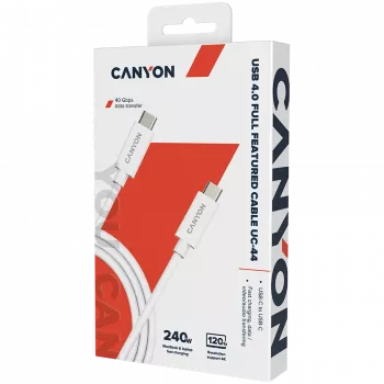 Cabo CANYON UC-44, U4-CC-5A1M-E, conjunto de cabo USB4 Type-C para Type-C 40G 1m 5A 240W(ERP) com E-MARK, CE, ROHS, branco