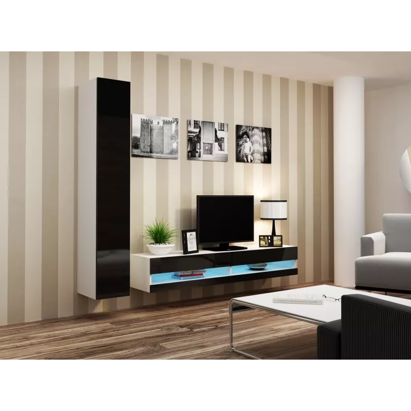 Suporte de TV Cama Meble VIGO NEW 30/180/40, tampo branco, estrutura preta brilhante, 1800×400×300 mm