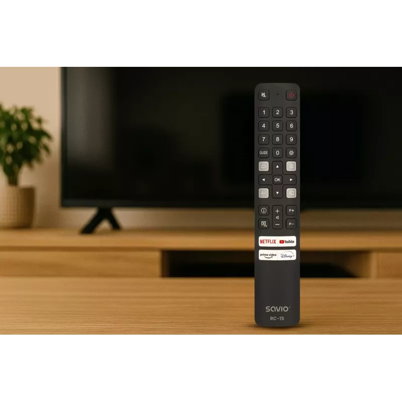 Comando à distância universal SAVIO RC-15 para TCL SMART TV, IR sem fios, preto, alcance 10 m