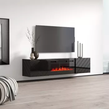 Móvel de TV cama meble LUXE 301126 com lareira elétrica integrada, 182,6×34,5×37,5 cm, preto brilhante