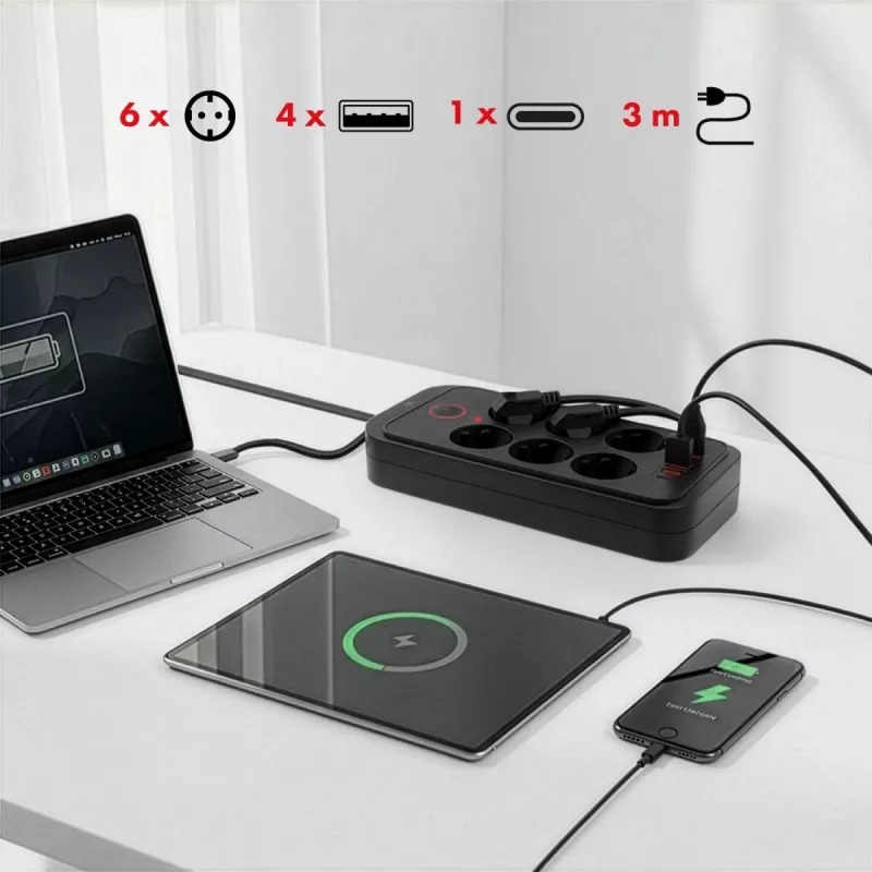 Extensão elétrica MACLEAN MCE391 B – 6 tomadas, 4×USB-A + 1×USB-C, 110–240V, 2500W, cabo de 3 m, preto