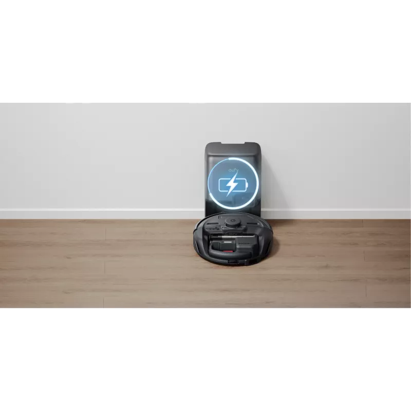 Aspirador robô Eufy E20 preto — redondo, base com saco de pó, 150 minutos de autonomia, 35 cm de diâmetro