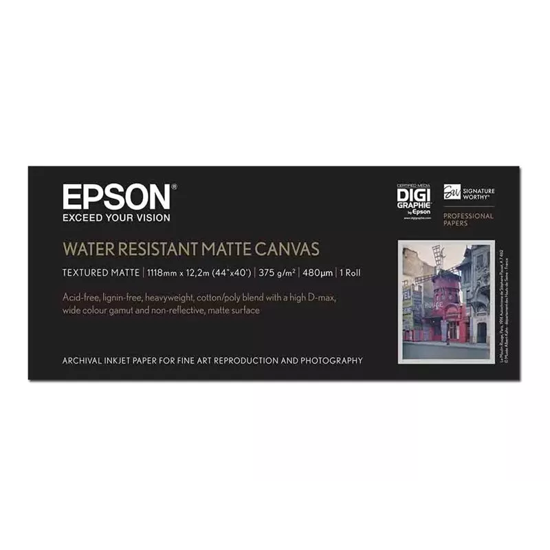 Rolo de tela Epson WaterResistant Matte Canvas, 44 polegadas x 12,2 m, 375 g/m²