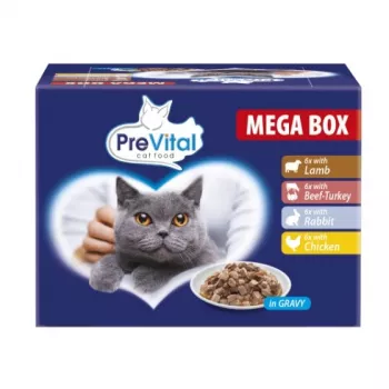 Alimento para gatos PREVITAL Megabox com borrego, vaca, coelho e frango em molho - Alimento húmido para gatos - 24 x 100 g