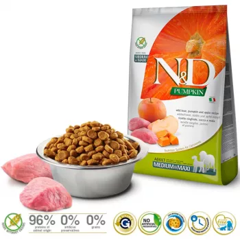 Ração seca para cães Farmina N&D Pumpkin BOAR & APPLE para cães adultos de raças médias e grandes, 12 kg, sem cereais, 30 % proteína