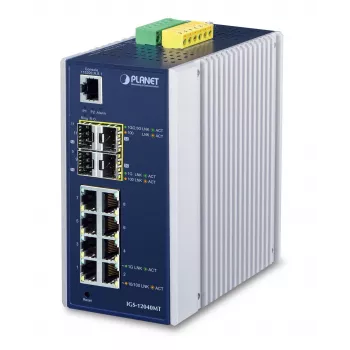 PLANET IGS-12040MT - Switch - gerido - 8 x 10/100/1000 + 4 x Gigabit SFP - montagem em calha DIN, montagem na parede - AC 24 V / DC 12 -72 V (IGS-12040MT)