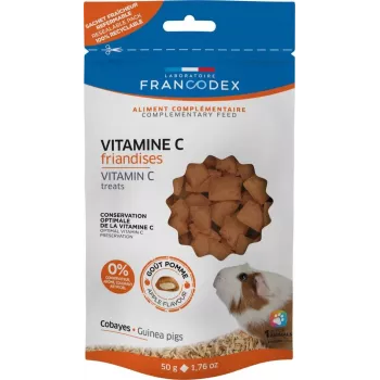 Guloseima para porquinhos-da-índia FRANCODEX Vitamina C 50 g — saco firme com aroma frutado, 50 g, proteína 8%, gordura 27%