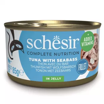 Alimento húmido para gatos Agras Pet Foods Schesir Atum com robalo 85 g saqueta, 13 % proteína, 2,5 % gordura, 82 % humidade