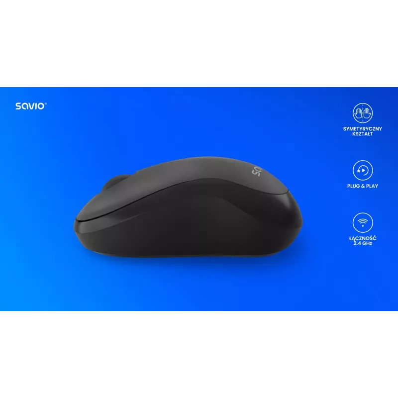 Savio MB-03 rato ótico sem fios, recetor USB de 2,4 GHz, 1000 DPI, 3 botões, pilha AA, 99x60x39 mm, 51 g, preto