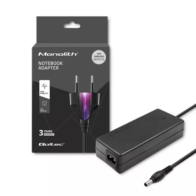 Fonte de alimentação Qoltec 50015.60W para Samsung | 60W | 19V | 3,15A | 5,5*3,5+Pin | incl. cabo de alimentação