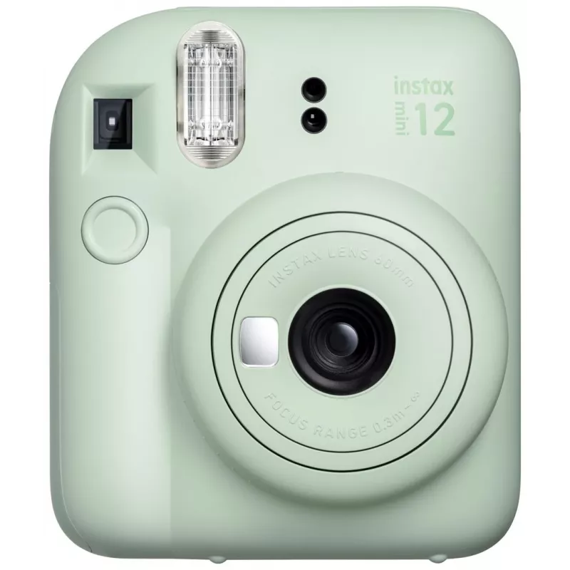 Máquina fotográfica instantânea Fujifilm Instax Mini 12 verde — imagem 86x54 mm, filme 62x46 mm, distância focal equiv. 60 mm