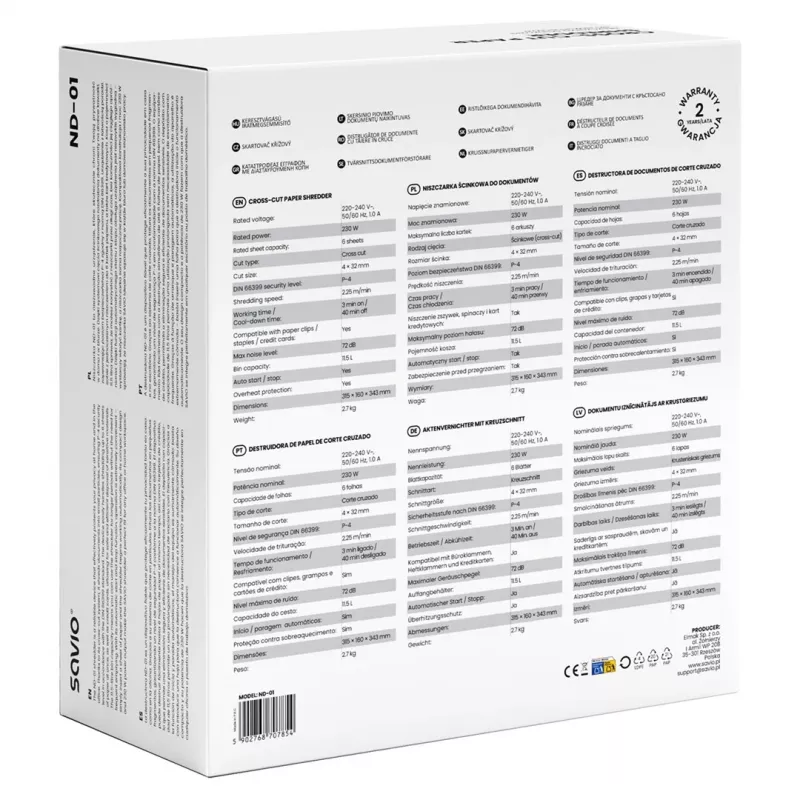Destruidora de documentos SAVIO ND-01, corte cruzado 4 x 32 mm, depósito 11 L, 230 W, preto, 72 dB